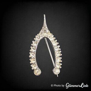 Vintage Bogoff Clear Rhinestone Wishbone Silver Tone Brooch Pin